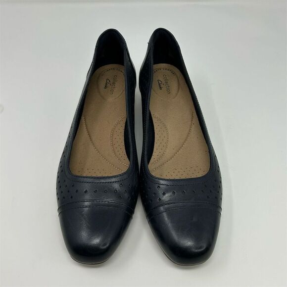 Clarks Ballet Flats Size 10 Navy Blue Perforated Leather Slip On Casual Loafers - Picture 5 of 12